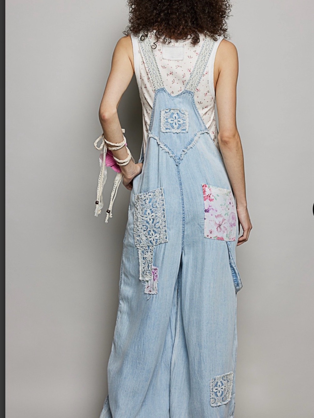 POL Light Blue Denim Patchwork Jumpsuit with Floral Accents - Picture 6 of 8